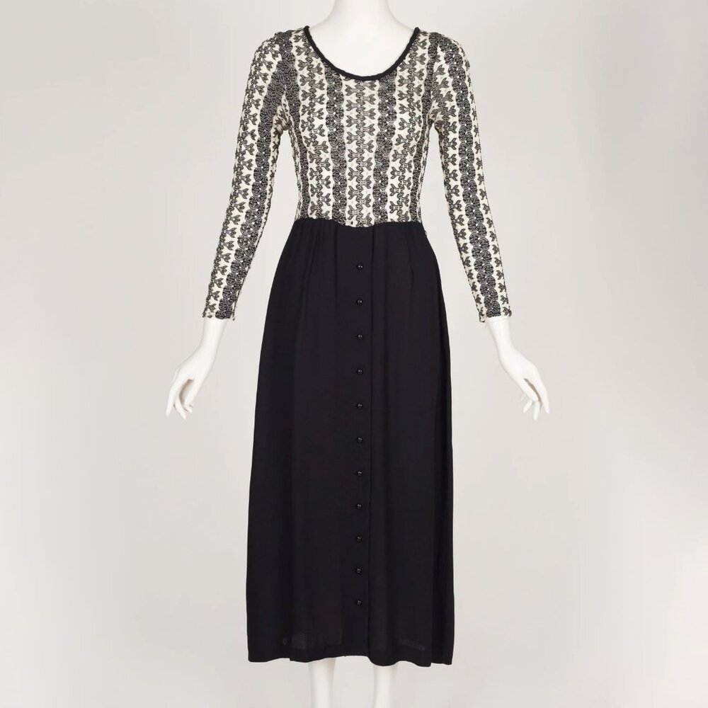 1970s Vintage Black & White Crochet Top Long Sleeve Maxi Dress Sz XS S
